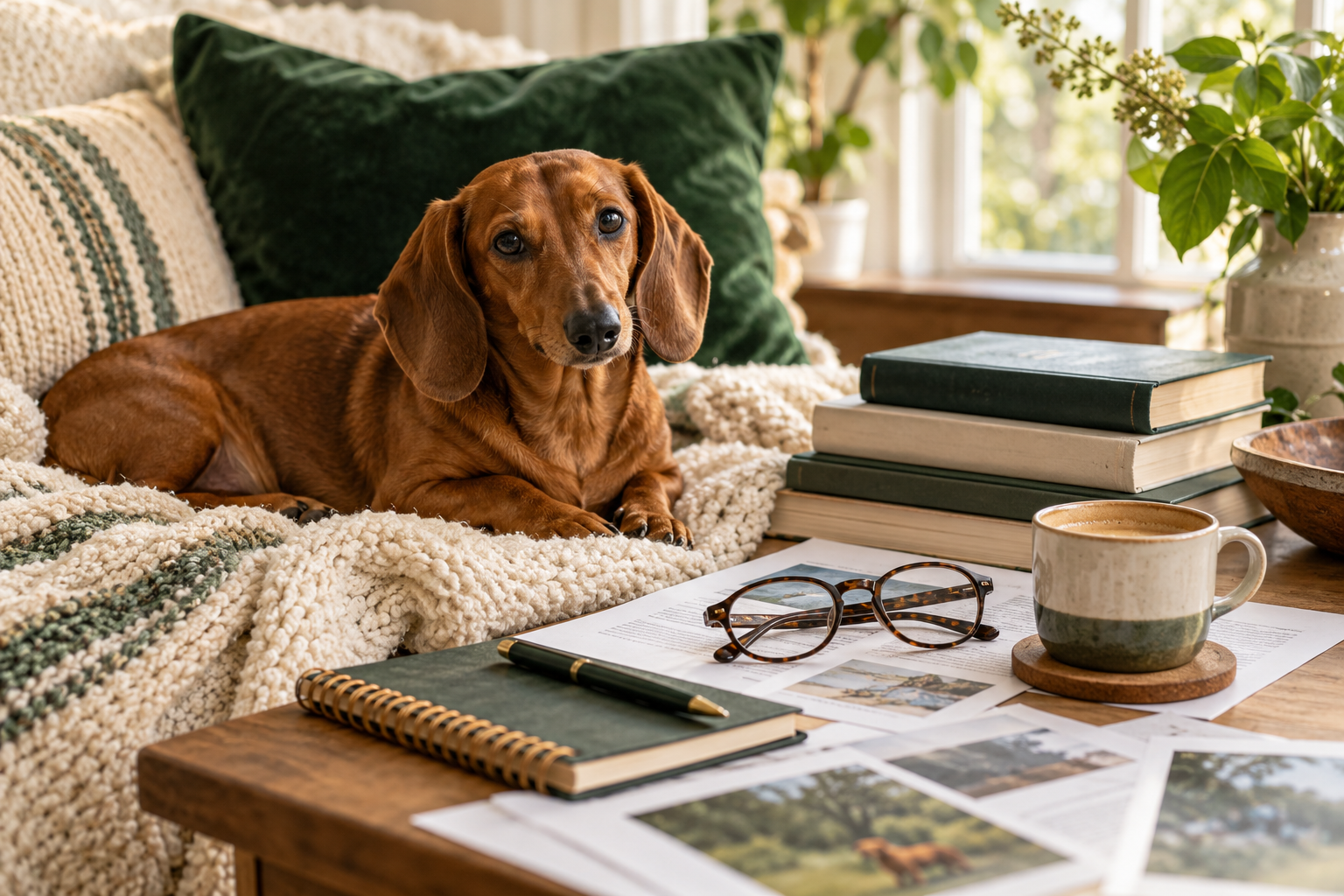 A dachshund resting beside books, notes, and editorial research