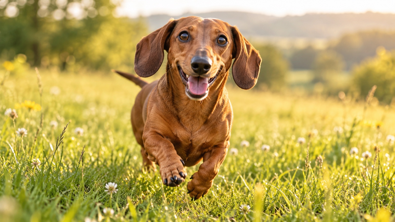 A happy dachshund running through a sunny meadow
