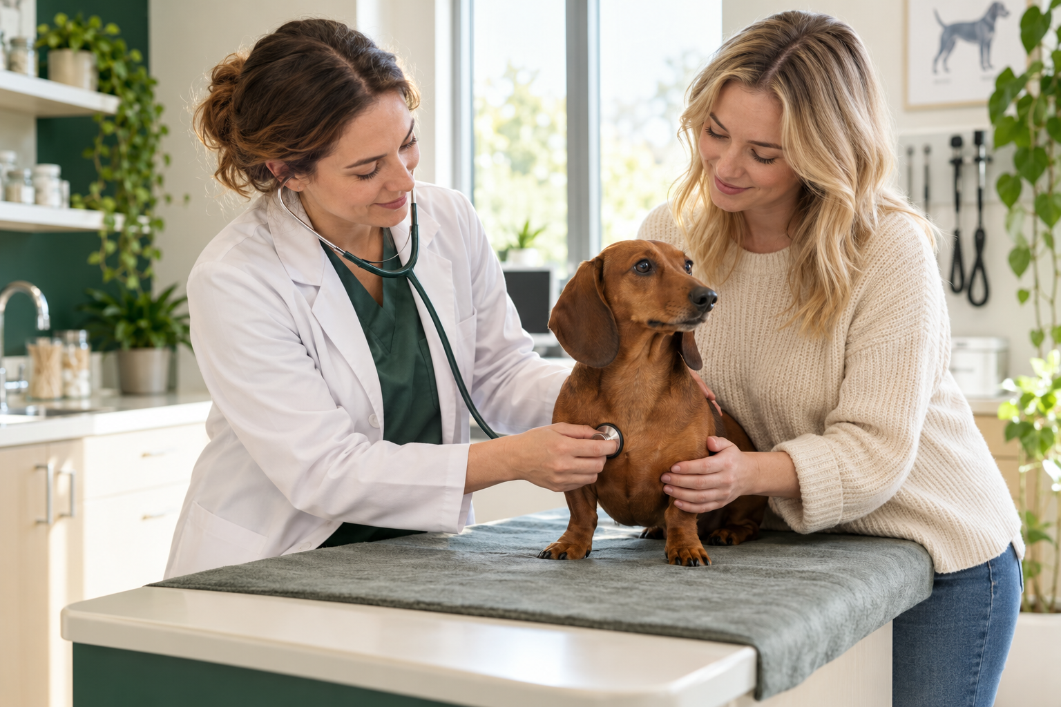 A veterinarian examining a dachshund while the dog’s owner provides reassurance