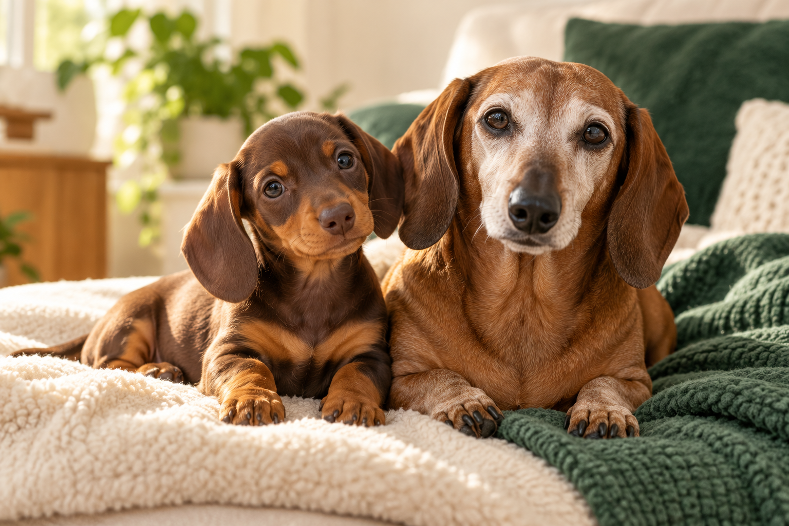 A dachshund puppy resting beside a senior dachshund