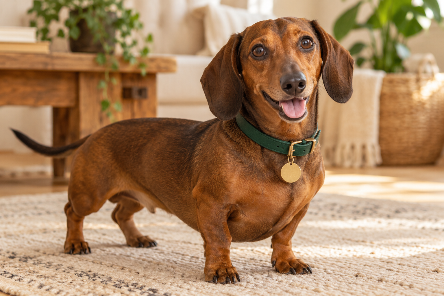 A happy dachshund wearing a green collar and blank name tag