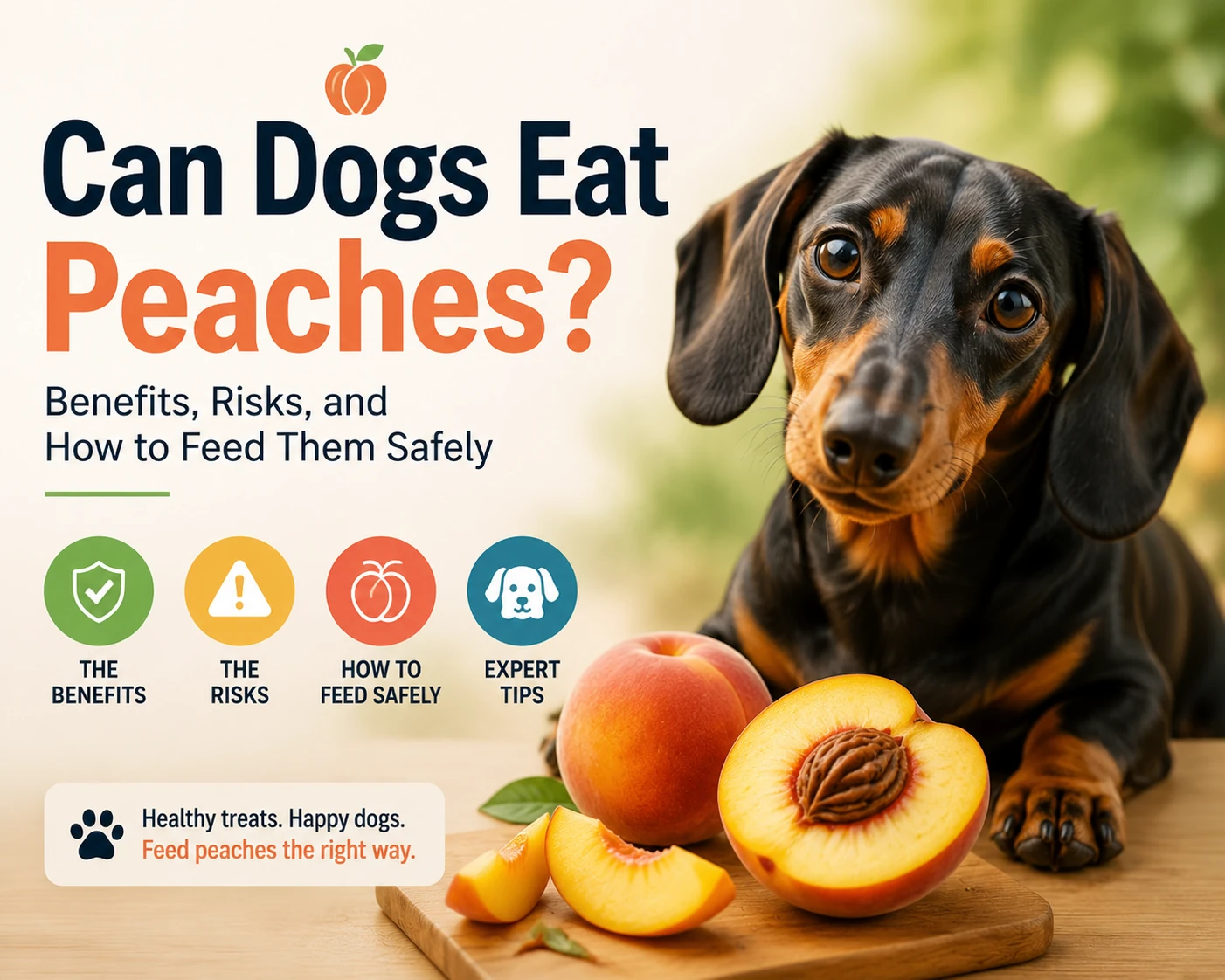 Dachshund sitting beside fresh peaches showing whether dogs can eat peaches safely
