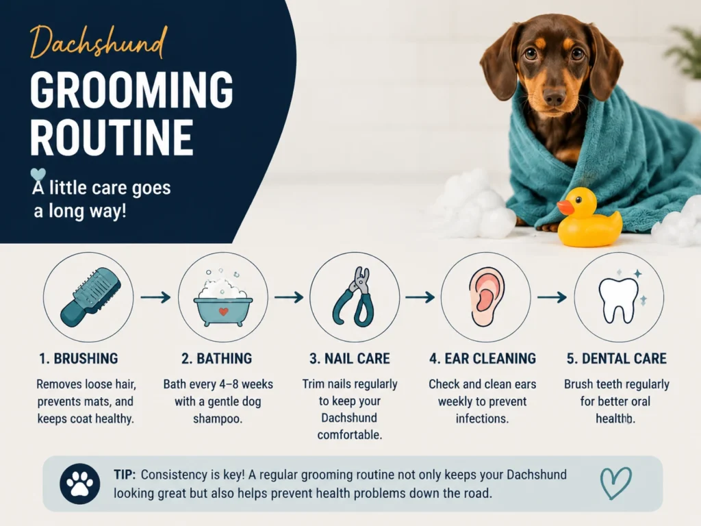Dachshund grooming routine showing brushing, bathing, nail care, ear cleaning, and dental care steps