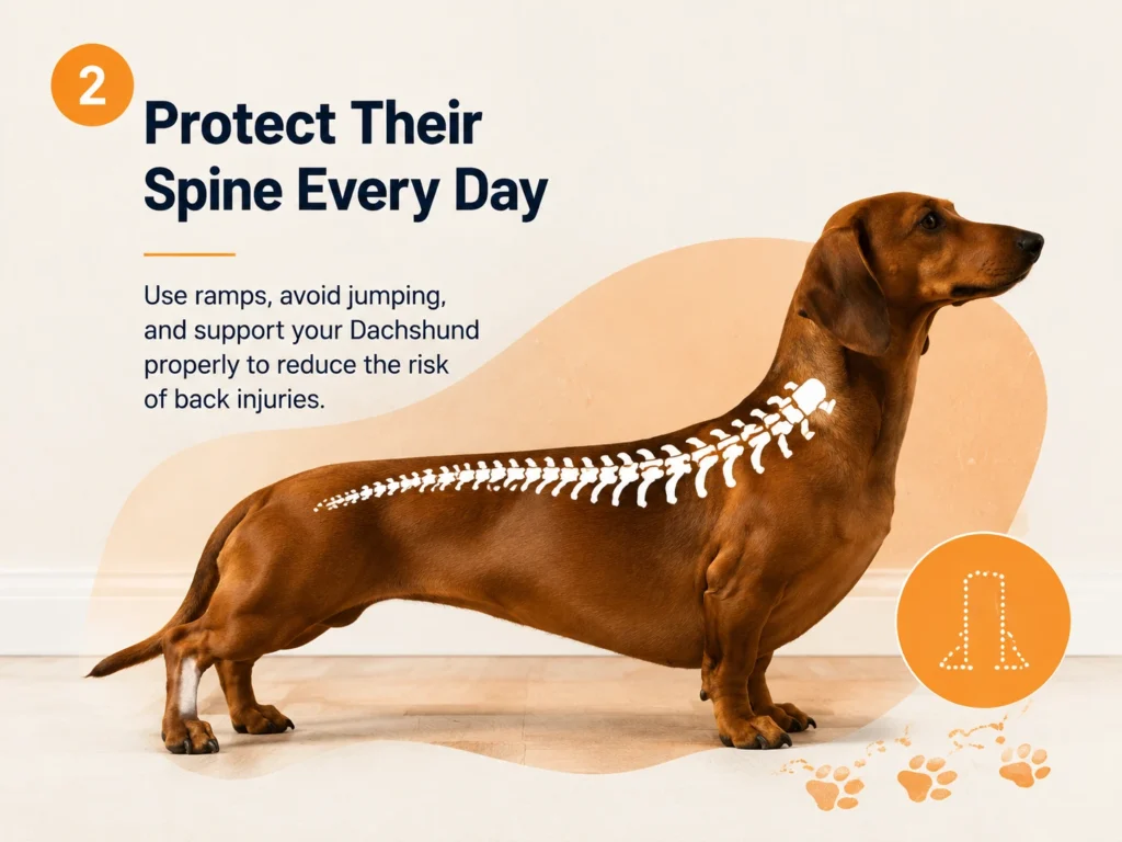 Dachshund spine health illustration showing ways to protect their back and reduce IVDD risk