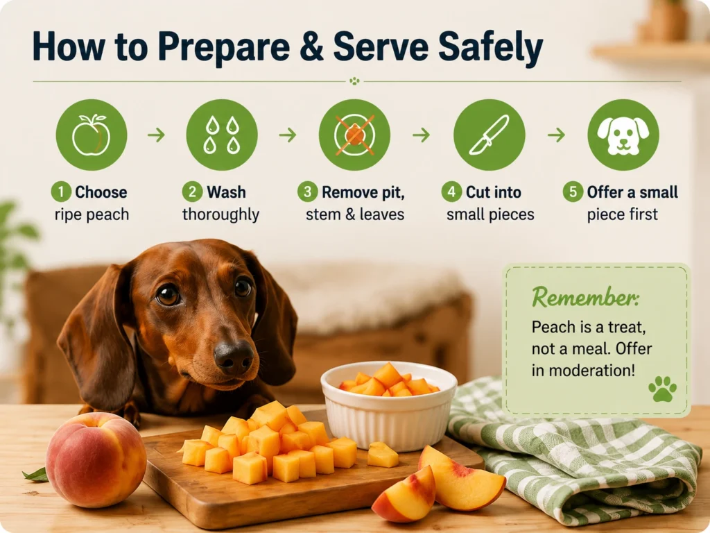 Steps showing how to wash, remove pits, cut, and safely serve peaches to dogs