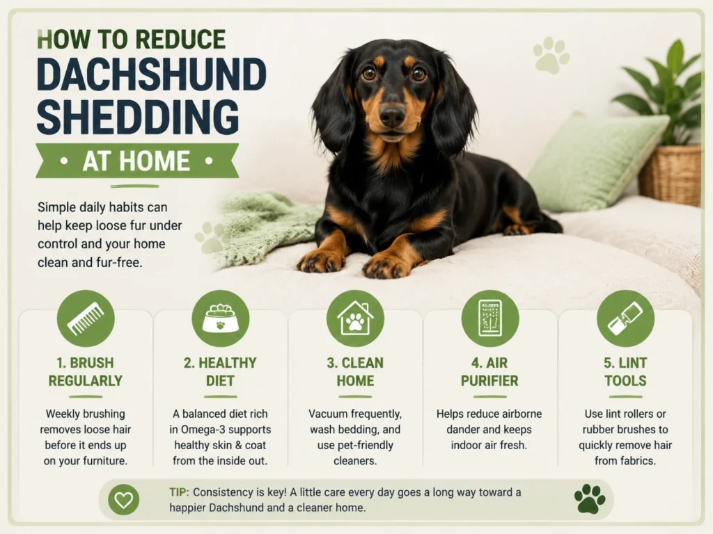 Tips for reducing Dachshund shedding at home with brushing, healthy diet, cleaning, and grooming habits
