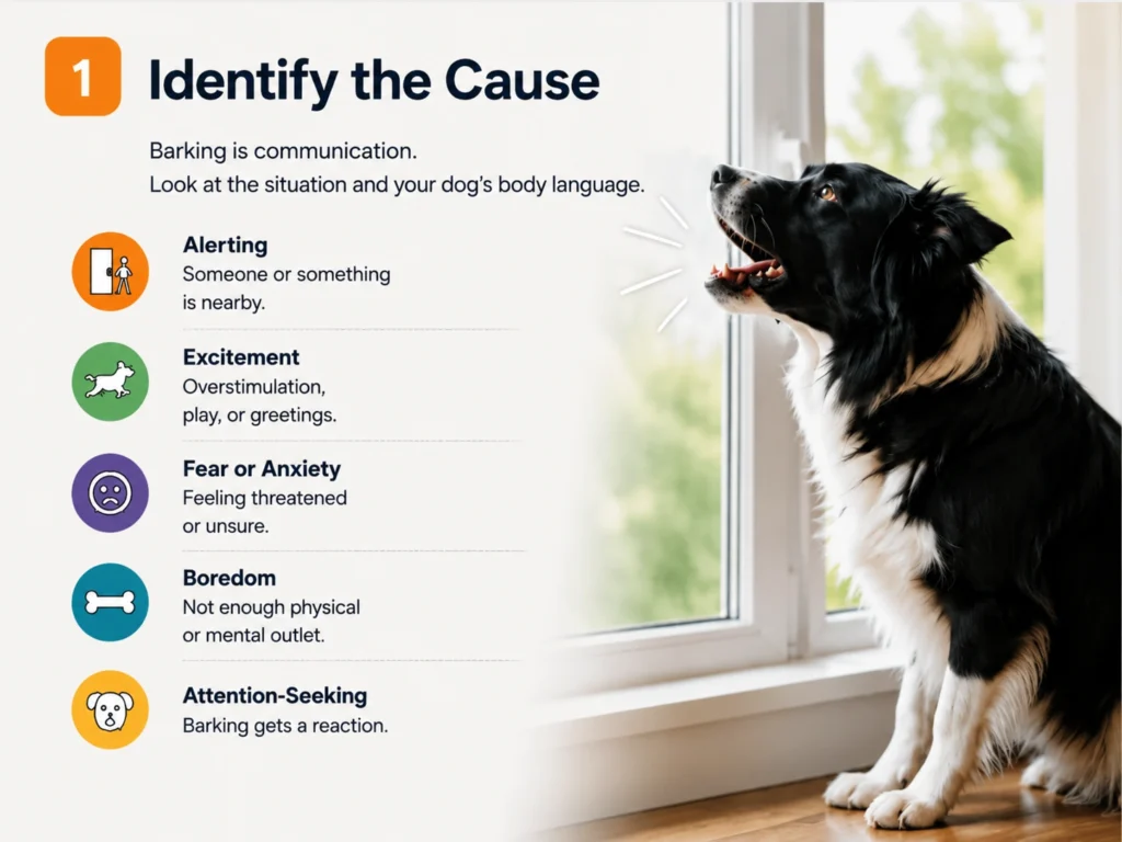 Dog resting calmly while owners manage the environment to reduce barking triggers
