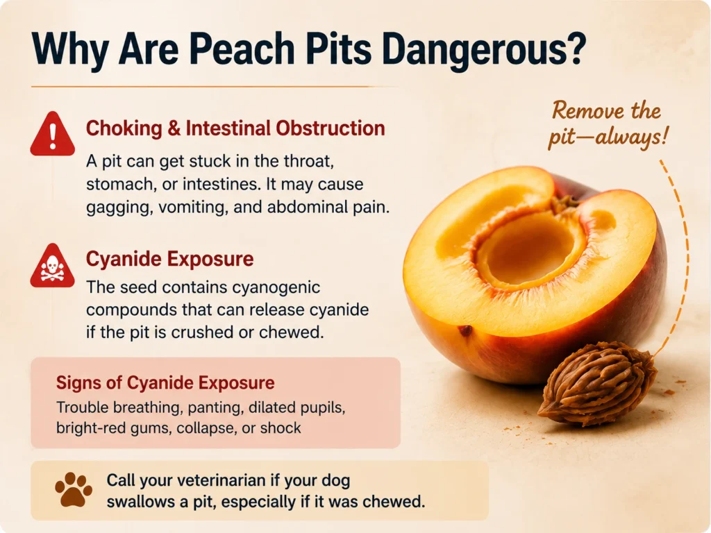 Peach pit risks including choking, intestinal obstruction, and cyanide exposure in dogs