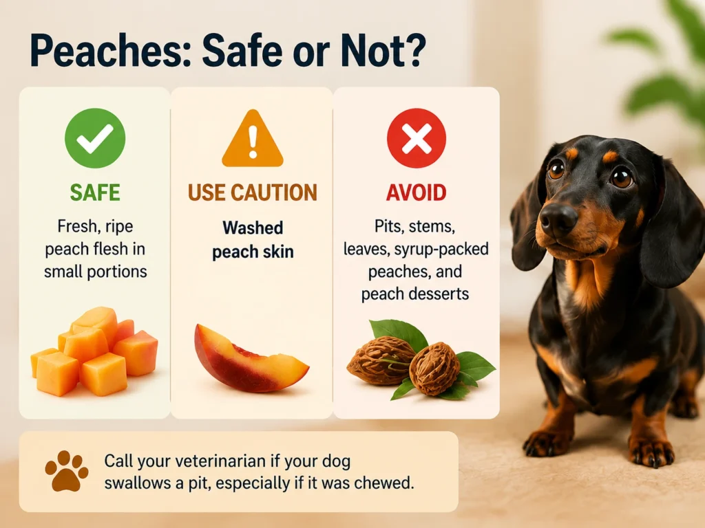 Infographic showing safe, caution, and avoid peach products for dogs