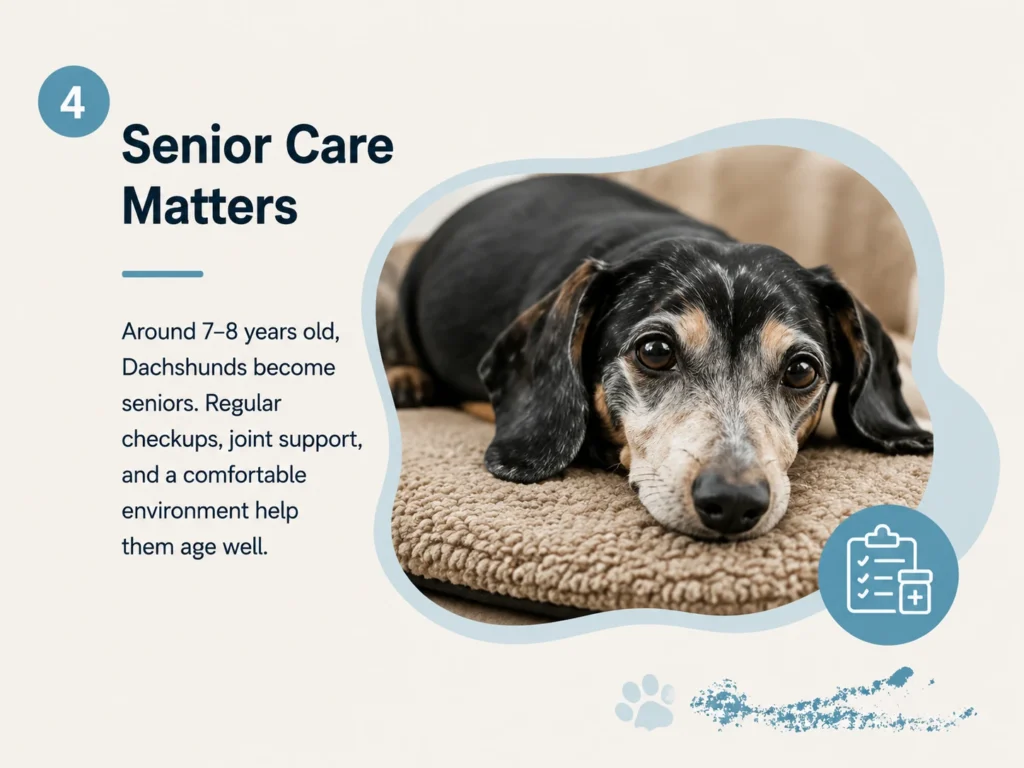 Senior Dachshund resting comfortably while showing the importance of regular health care and support