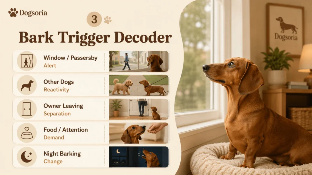 Dachshund bark trigger decoder showing common barking situations