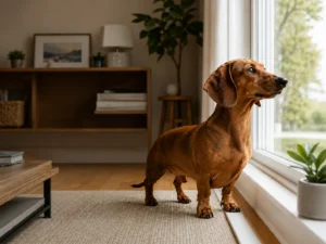 Dachshund standing by a window and watching a person outside
