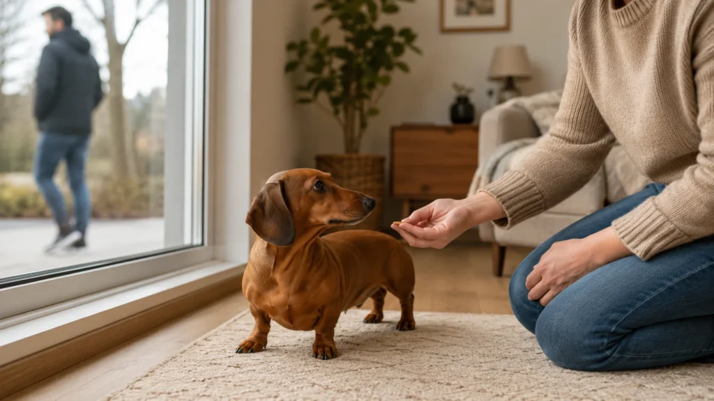 Owner rewarding a calm Dachshund near a window while a person passes outside