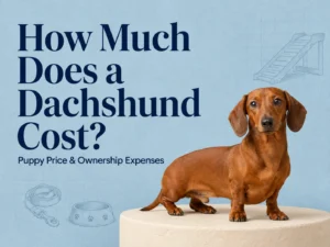 Dachshund sitting beside a pet ramp in a stylish blue editorial-style home scene