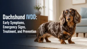 Chocolate dapple Dachshund at home with a guide to IVDD symptoms and treatment
