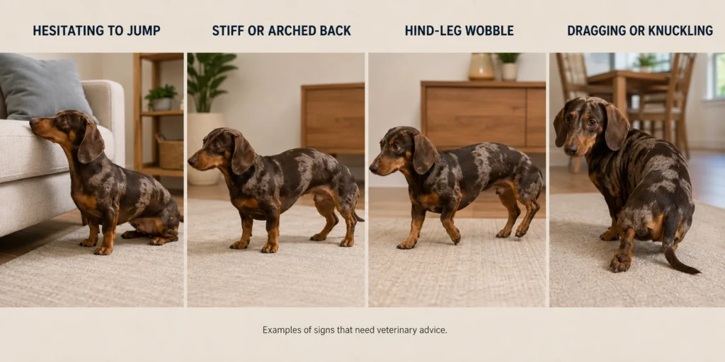 Early IVDD warning signs in Dachshunds including stiffness, reluctance to jump, wobbling, and paw dragging