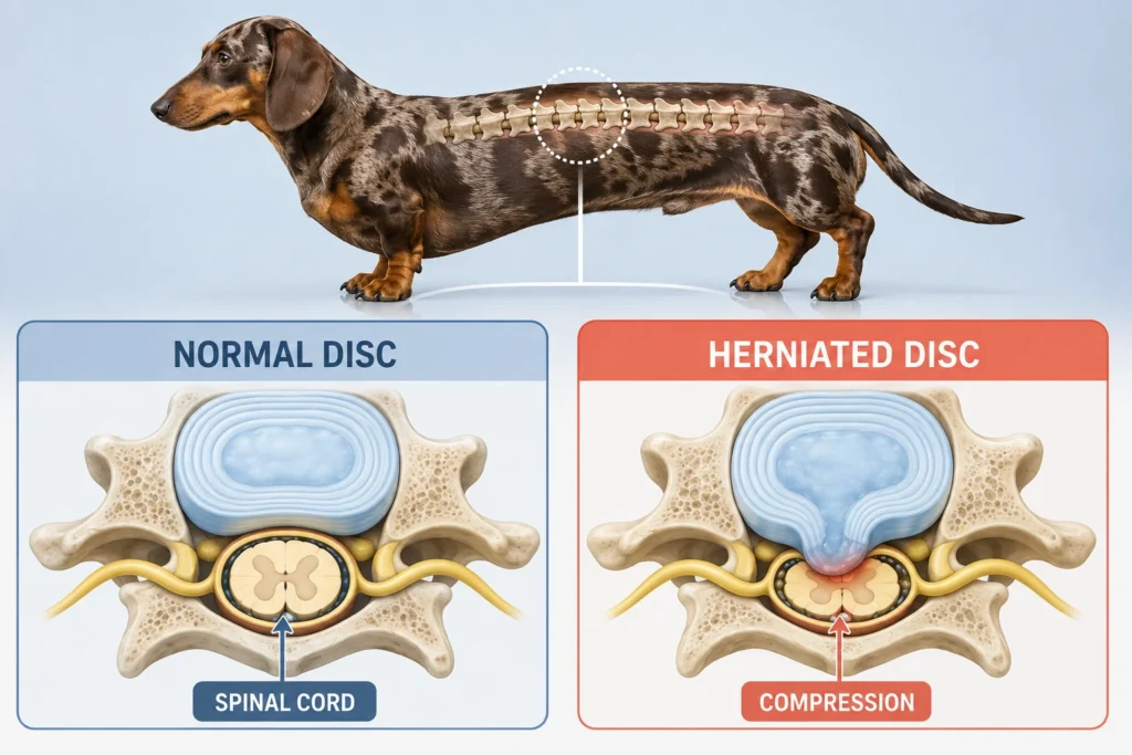 Diagram comparing a normal disc with IVDD spinal cord compression in a Dachshund
