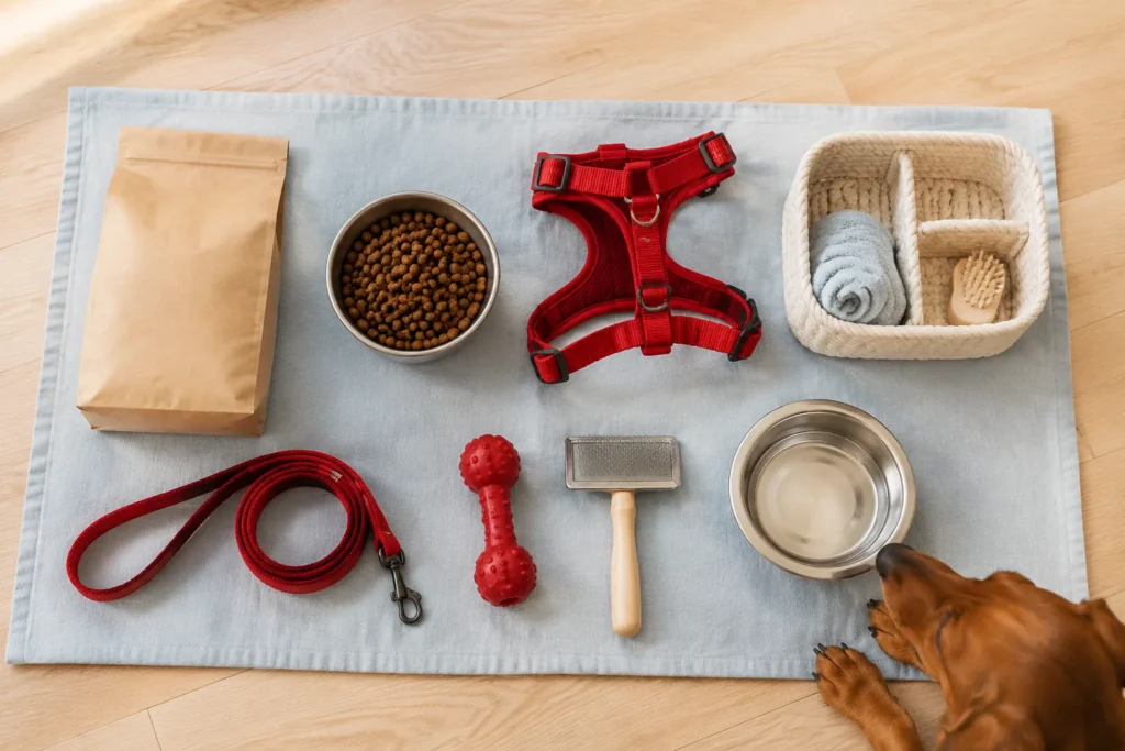 Dog food, harness, toys, and care supplies for a Dachshund