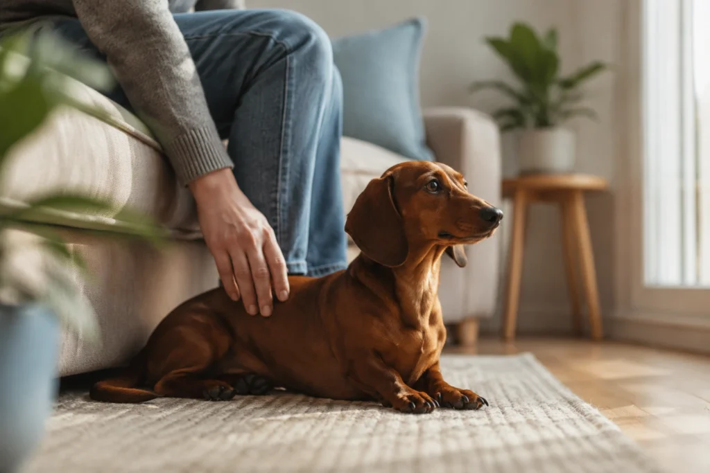 Owner spending time outdoors with a Dachshund
