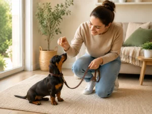 Dachshund puppy learning potty training with owner at home