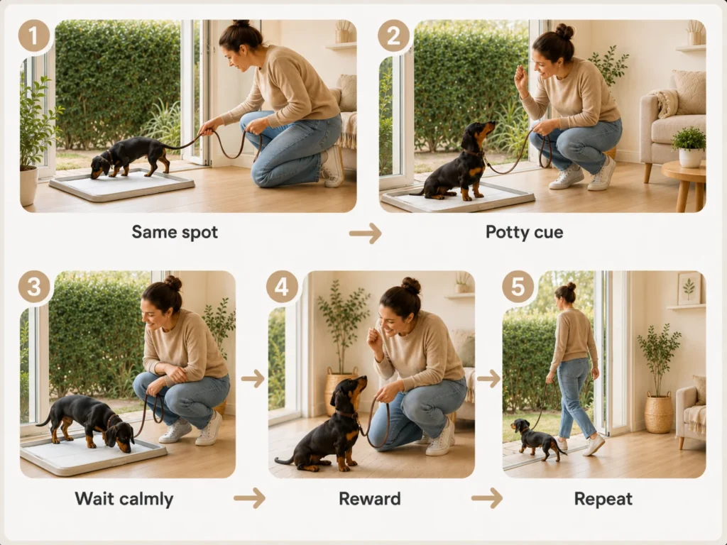 Step-by-Step Potty Training Method Step-by-step potty training process for a Dachshund puppy