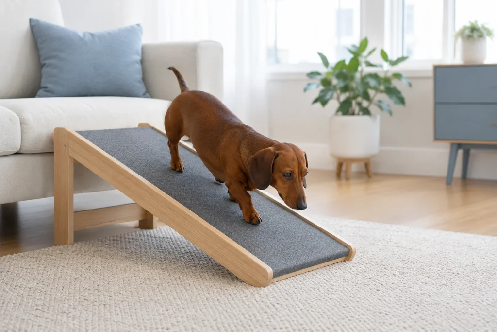 Dachshund safely using a non-slip pet ramp at home