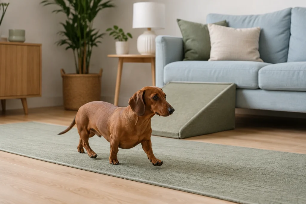 Dachshund walking on a non-slip rug near a pet ramp in a safe home