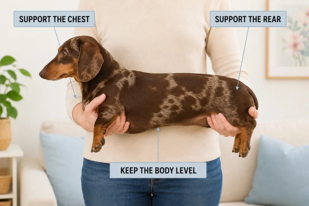How to safely carry a Dachshund with suspected back pain by supporting the chest and rear