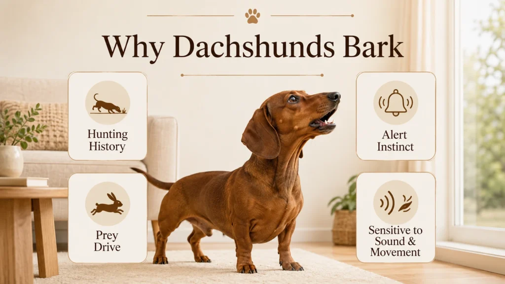 Infographic showing four common reasons Dachshunds bark
