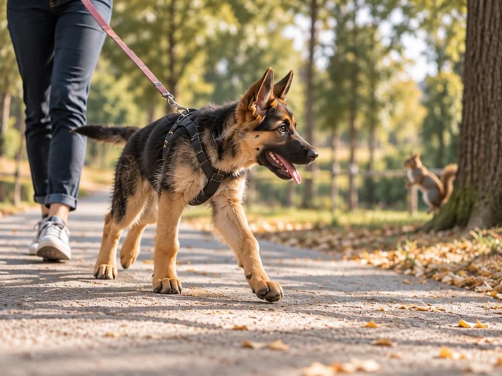 Adolescent German Shepherd distracted by a squirrel while walking on leash