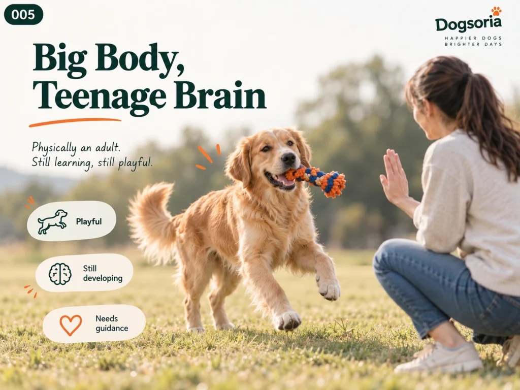 Why Adult Dogs Still Act Like Puppies Young adult dog excitedly carrying a toy while practicing training with its owner