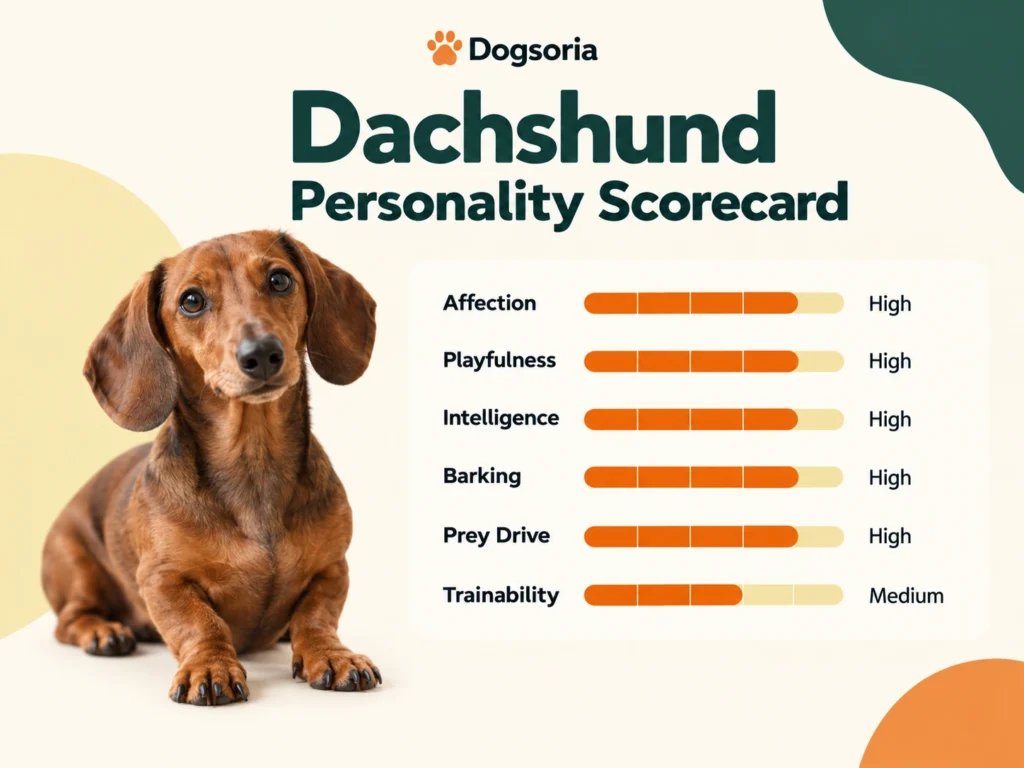 Dachshund Personality Scorecard Dachshund personality scorecard showing affection, playfulness, intelligence, barking, prey drive, trainability, apartment fit, and family attachment