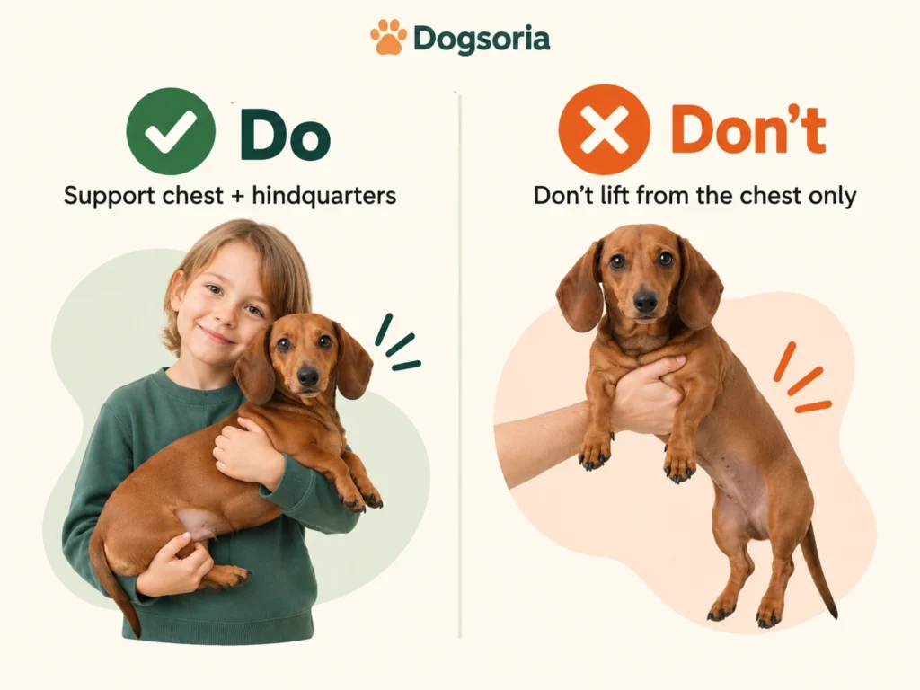How to Safely Pick Up a Dachshund Child correctly supporting a Dachshund's chest and hindquarters compared with unsafe lifting