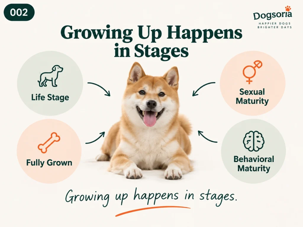 What Does Adult Mean for a Dog? Shiba Inu surrounded by four types of dog maturity: life stage, fully grown, sexual maturity and behavioral maturity