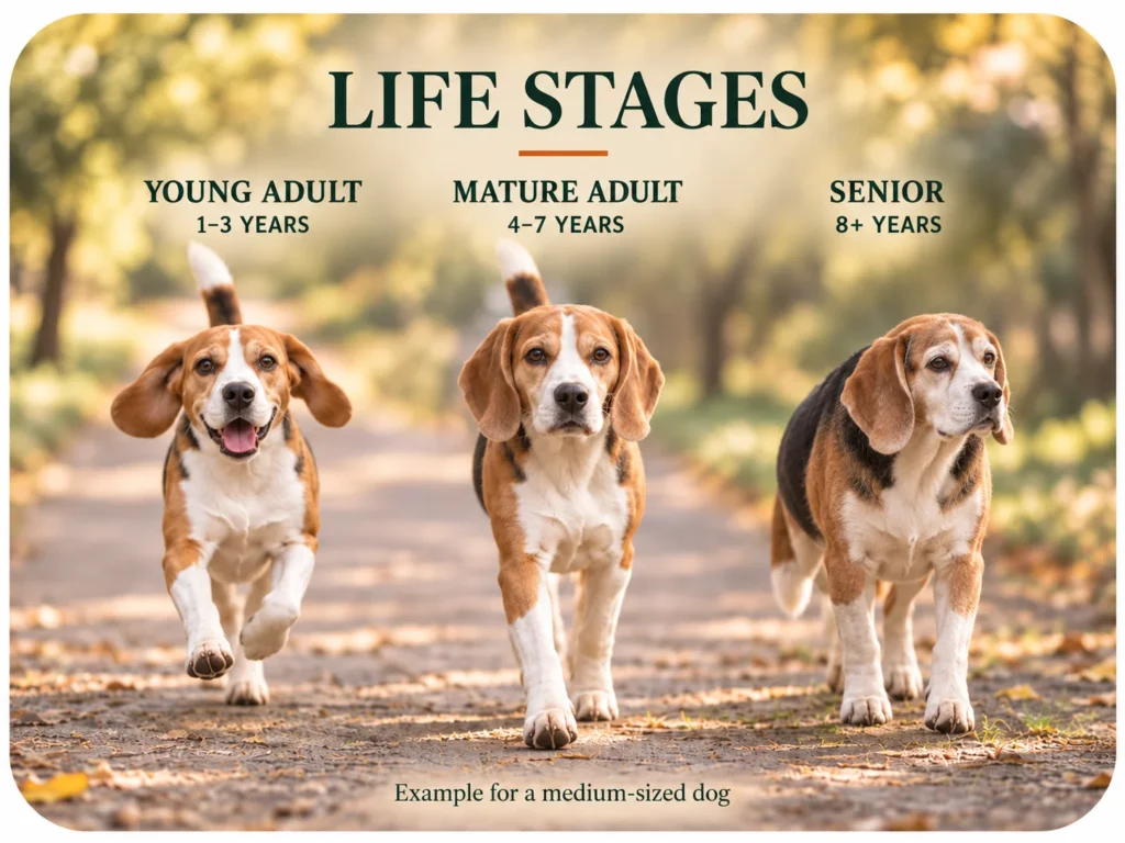 Young adult, mature adult, and senior Beagles showing visible life-stage differences