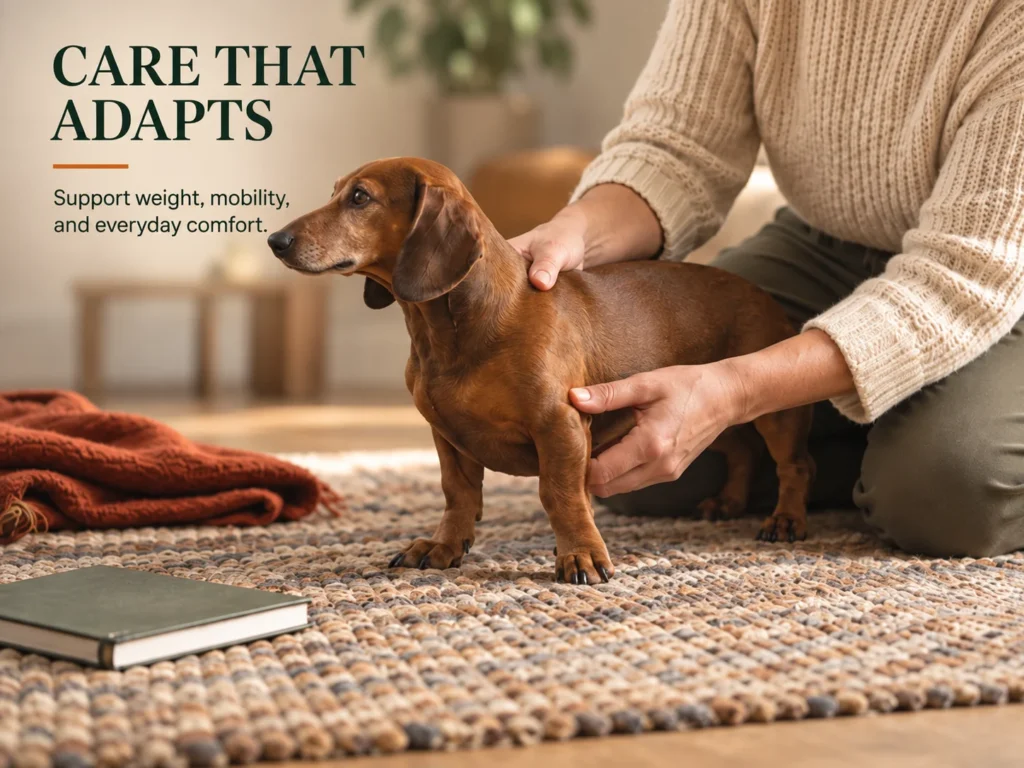 Owner gently checking the mobility and body condition of a mature Dachshund