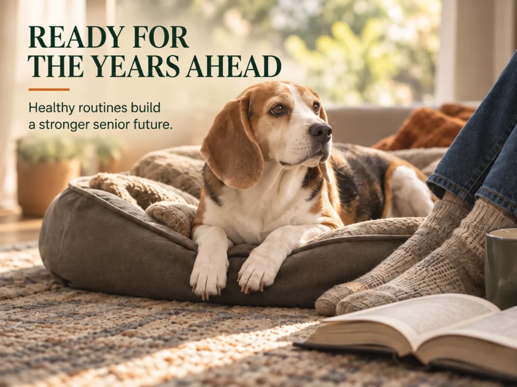 Mature Beagle resting comfortably beside its owner at home