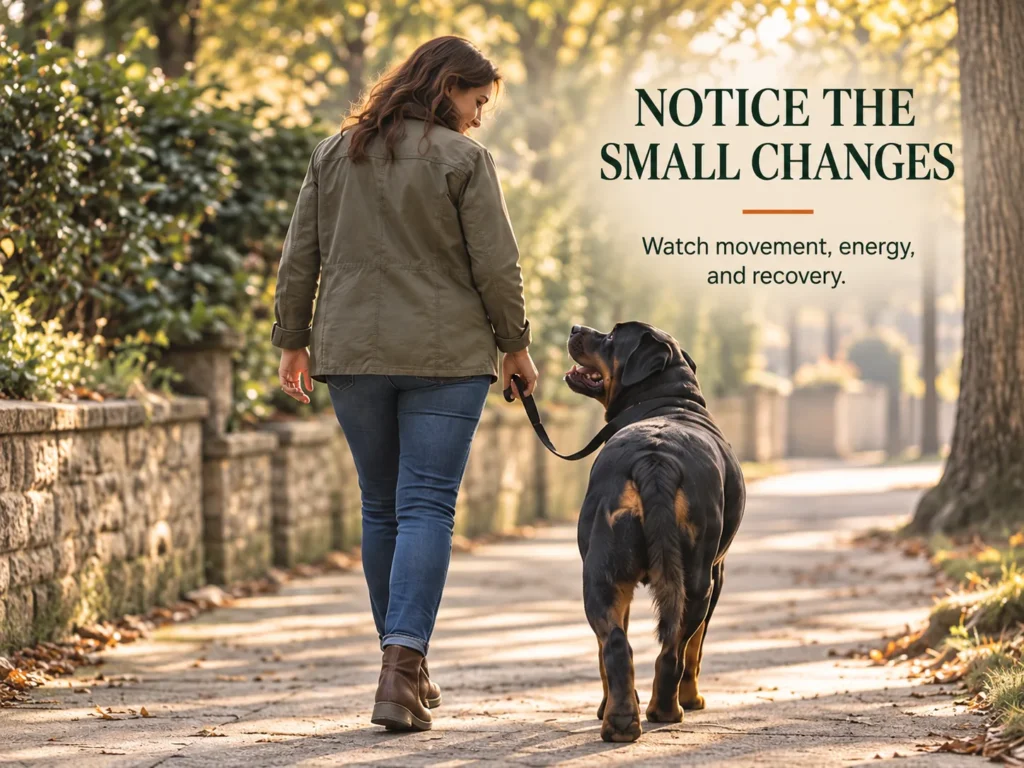 Woman observing her mature adult Rottweiler during a walk
