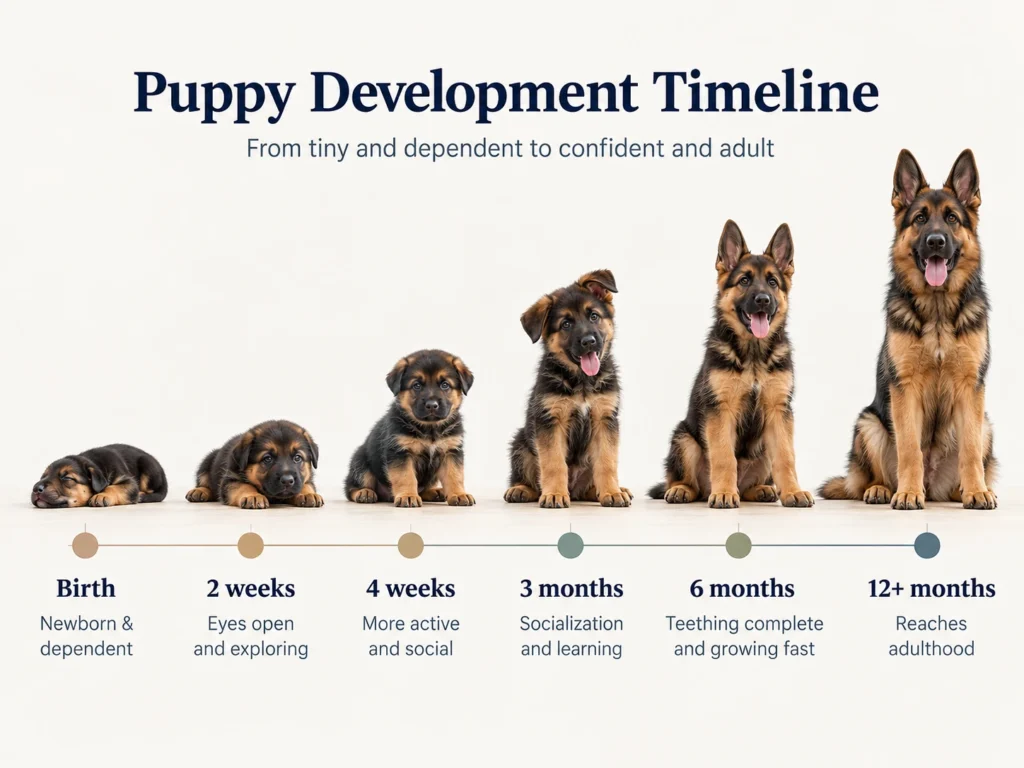 Puppy development timeline from birth through 12 months and adulthood