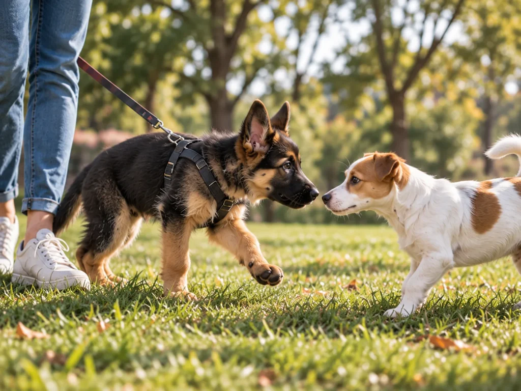 German Shepherd puppy meeting another dog during the socialization stage