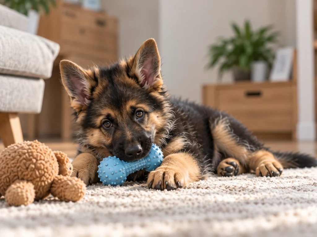 German Shepherd puppy chewing a safe chew toy during teething