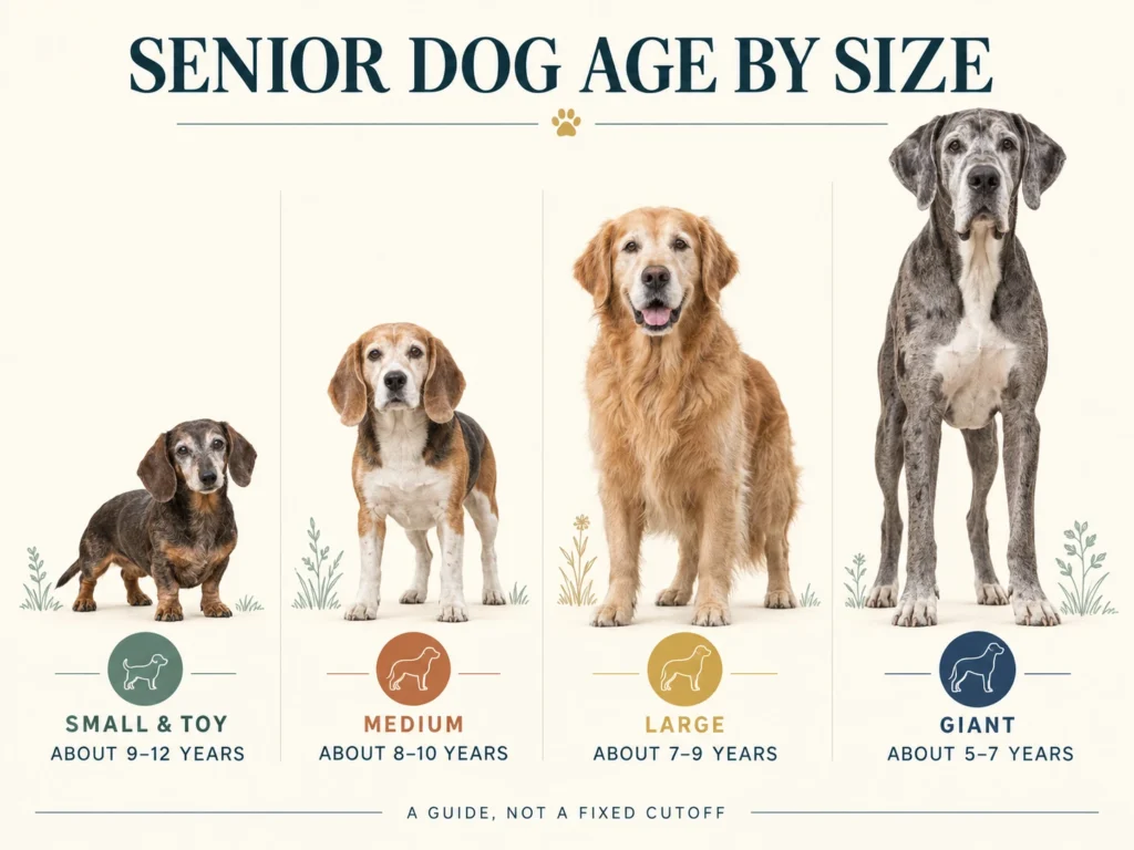 Senior dog age ranges for small, medium, large, and giant dogs