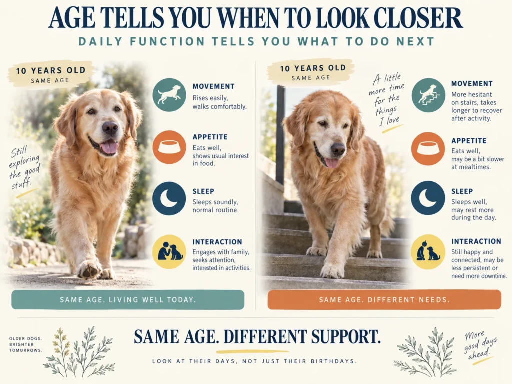 Two senior dogs of the same age with different daily function and support needs