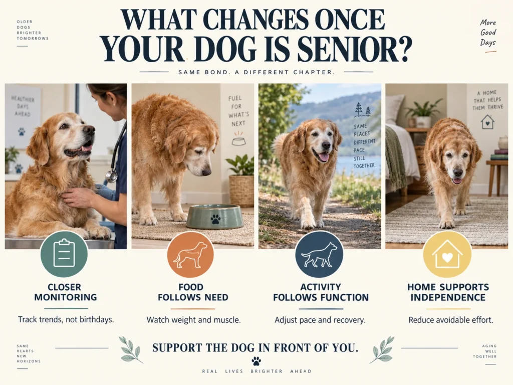 Senior dog monitoring, nutrition, exercise, and home support adjustments