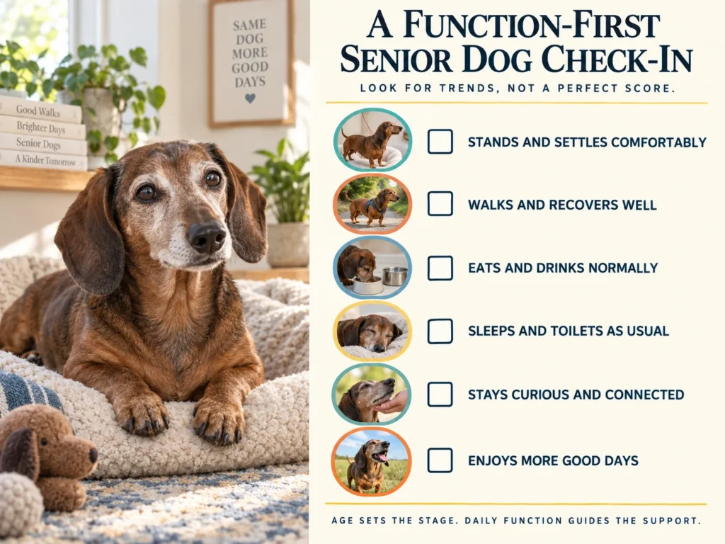 Monthly senior dog checklist covering movement, appetite, sleep, and interaction