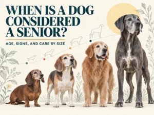 Four senior dogs of different sizes illustrating when dogs enter the senior life stage