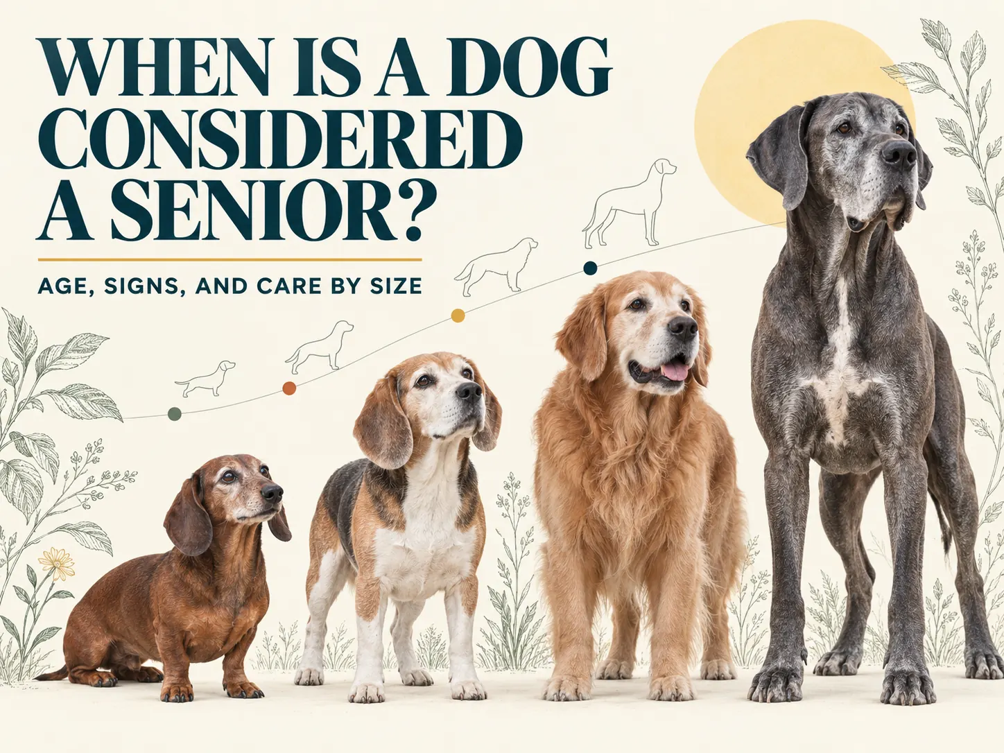 Four senior dogs of different sizes illustrating when dogs enter the senior life stage