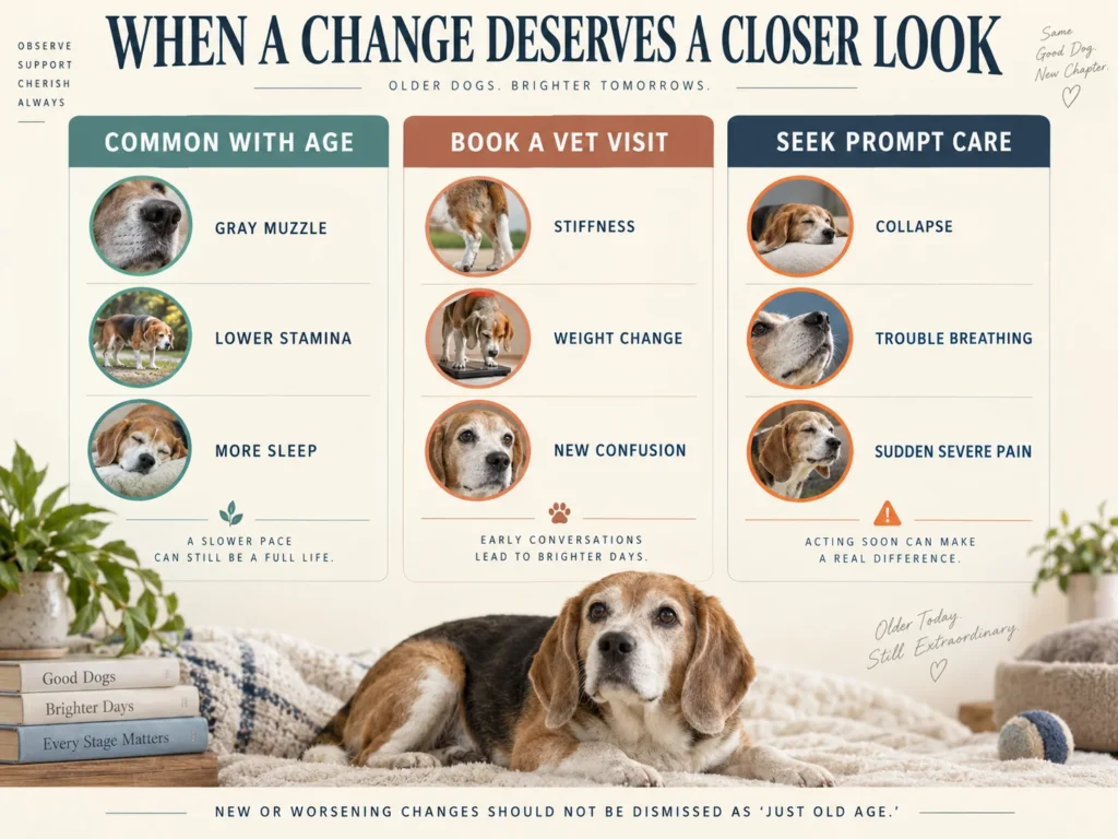 Signs of aging in dogs grouped by normal changes, veterinary visits, and prompt care