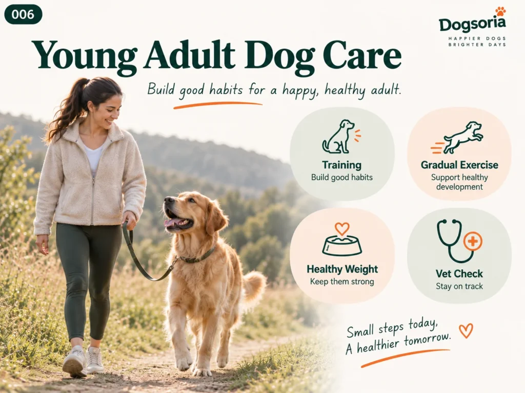 Young Adult Dog Care Young adult dog walking with its owner with training, exercise, healthy weight and vet care guidance