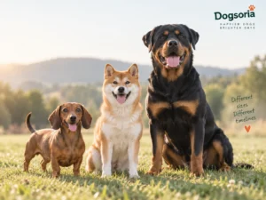 Dachshund, Shiba Inu and Rottweiler representing different dog sizes and adulthood timelines
